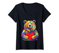 Mujer Corazón de San Valentín abrazándose a un Oso, Color arcoíris Camiseta Cuello V
