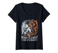 Mujer Corazón De Un Lobo Alma De Un Dragón Fantasía Nórdica Motivacional Camiseta Cuello V