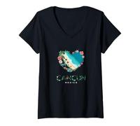 Mujer Corazón floral de Cancún - Recuerdo mexicano para amantes de la playa Camiseta Cuello V