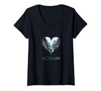 Mujer Corazón floral de Noruega - Recuerdo de los amantes de los fiordos noruegos Camiseta Cuello V