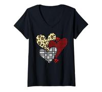 Mujer Corazones Patchwork Rústico Leopardo Cuadros Amor Camiseta Cuello V