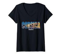 Mujer Córcega Francia Estado Vacaciones Córcega Ciudad Vintage Efecto Camiseta Cuello V