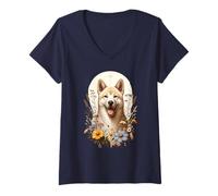 Mujer Coreano Jindo Dog Summer Wildflowers Obra de arte Camiseta Cuello V