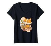 Mujer Corgi Dog Bebiendo té Boba japonés Kawaii Lindo Divertido Camiseta Cuello V
