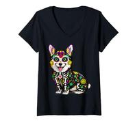 Mujer Corgi Dog Mexican Sugar Skull Calavera Viva México Party Camiseta Cuello V