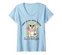Mujer Corgi En Primer Lugar, Jesús Piensa Que Soy una Delicia de Las Mujeres de la Iglesia Camiseta Cuello V
