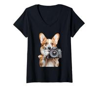 Mujer Corgi Fotógrafo Cámara Fotografía Camiseta Cuello V