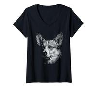 Mujer Corgi Fumando Cigarrillo Perro Vintage Corgi Funny Meme Camiseta Cuello V