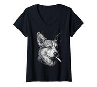 Mujer Corgi Fumando Cigarrillo Perro Vintage Corgi Funny Meme Camiseta Cuello V