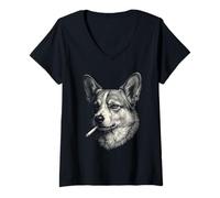 Mujer Corgi Fumando Cigarrillo Perro Vintage Corgi Funny Meme Camiseta Cuello V