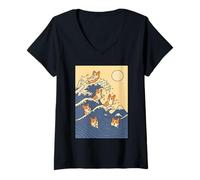 Mujer Corgi Great Wave Kawaii Anime Pet Welsh Corgi Arte japonés Camiseta Cuello V