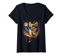 Mujer Corgi Howling To The Moon Vintage 90s Dog Meme Gráfico Divertido Camiseta Cuello V