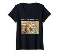 Mujer Corgi I'Ll Be In My Office Bookworm Nerd Reader Leer Vintage Camiseta Cuello V