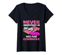 Mujer Cornhole Lover Nunca Subestimar A Una Vieja Dama Camiseta Cuello V