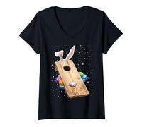 Mujer Cornhole Team Player Huevos de Conejo de Pascua Orejas de Conejo Camiseta Cuello V