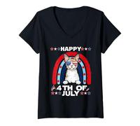 Mujer Cornish Rex Cat Happy 4th of July Patriotic American Cats Camiseta Cuello V
