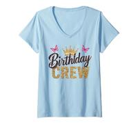 Mujer Corona de cumpleaños con mariposas rosas a juego para fiesta familiar Camiseta Cuello V