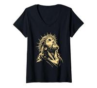 Mujer Corona De Espinas Mirada Sagrada Grabado Arte Fe Cristiana Camiseta Cuello V