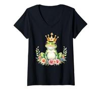Mujer Corona de fiesta de anfibios florales de rana de cumpleaños reina o rey Camiseta Cuello V