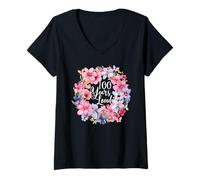 Mujer Corona Floral de 100 años amados para cumpleaños número 100 Camiseta Cuello V