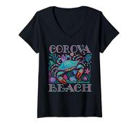 Mujer COROVA Beach North Carolina Blue Crab Verano Vacaciones Arte Camiseta Cuello V