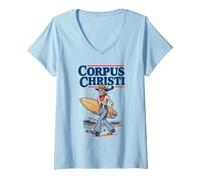 Mujer Corpus Christi Surf Retro Skeleton Cowboy Surfing Texas Camiseta Cuello V