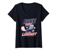 Mujer Corre a la Biblioteca, Bibliotecario Amante de los Libros de Lectura Divertida Camiseta Cuello V