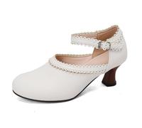 Mujer Correa De Tobillo Merceditas con Hebilla Cerrada Punta Redonda Brogue Oxford Zapatos Tacón Medio De Gatito Uniforme Zapatos De Vestir,Blanca,40 EU