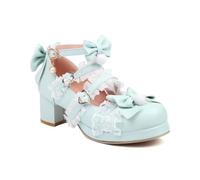 Mujer Correa En El Tobillo Zapatos De Vestir con Hebilla Puntera Redonda Cuero PU Mary Janes con Lazo Tacón De Bloque Medio Zapatos De Lolita,Azul,38.5 EU