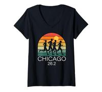 Mujer Corredor Retro con Meta de maratón de 26.2 en Chicago, Corre rápido Camiseta Cuello V