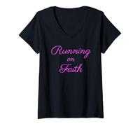 Mujer Corriendo en la fe Dios con su Biblia de Mujer Cristiana Inspirada Camiseta Cuello V