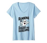 Mujer Corriendo en Sugar and Screams Cute Ghost Halloween Fun Camiseta Cuello V