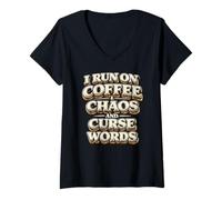 Mujer Corro con café Caos Palabras malditas Regalo Divertido para Camiseta Cuello V