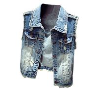 Mujer Corto Casual Solapa Chaleco Vaquero Sin Manga Chaqueta Vaquera Azul M