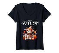 Mujer Cosecha Fresca de otoño de Granja Temporada de otoño de Vaca de Las Tierras Camiseta Cuello V