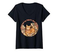 Mujer Coser Gato Acogedor Acolchado Craft Lover Vintage ronroneos diseño Camiseta Cuello V