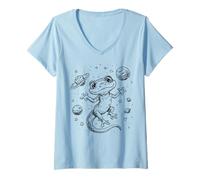 Mujer Cosmic Lizard Explorer Planetas Estrellas Universo Diseño Camiseta Cuello V