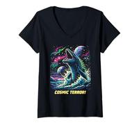 Mujer Cosmic Mosasaurus Ocean Monster Space Retro Ciencia ficción Camiseta Cuello V