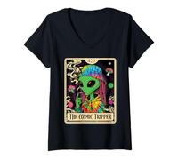 Mujer Cosmic Tripper Tarot Card 420 Alien Smoking Weed Cannabis Camiseta Cuello V