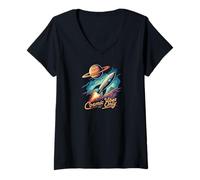 Mujer Cosmic Vibes Only Retro Space Rocket Planet Galaxy Aesthetic Camiseta Cuello V