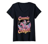 Mujer Cósmico Vaquera Espacio Occidental Fantasía Retro Femenino Poder Camiseta Cuello V