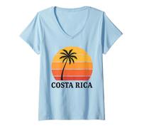 Mujer Costa Rica Atardecer Palmera Vintage Retro Camiseta Cuello V