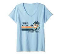 Mujer Costa Rica Atardecer Palmera Vintage Retro Camiseta Cuello V