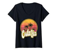 Mujer Costa Rica Playa Retro Atardecer Camiseta Cuello V