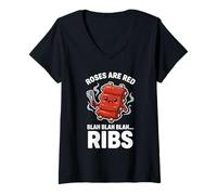 Mujer Costillas BBQ Roses Son Poema Rojo Parodia Lindo Kawaii Dibujos Animados Camiseta Cuello V