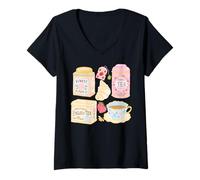 Mujer Cottage Core Tea Croissant - Taza de té y Fresa Camiseta Cuello V