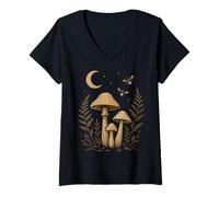 Mujer Cottagecore boho iluminado por la luna Bosque Setas Botánico Camiseta Cuello V