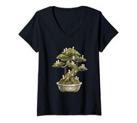 Mujer Cottagecore Bonsái Árbol Kodama Spirits Arte de jardín japonés Camiseta Cuello V