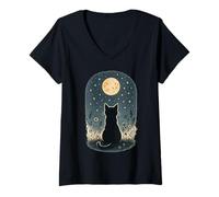Mujer Cottagecore Cat, flores silvestres, pradera, luna, estrellas centelleantes Camiseta Cuello V