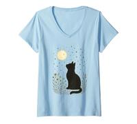 Mujer Cottagecore Cat, flores silvestres, pradera, luna, estrellas centelleantes Camiseta Cuello V